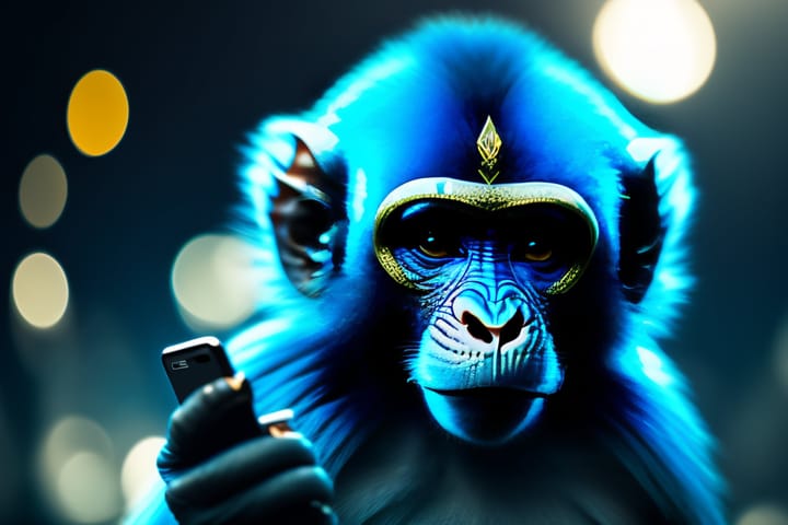 Singe bleu tenant un iPhone et dont le front est orné d'un logo Ethereum, en référence aux NFT